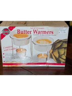 Set Of 2 Ceramic Butter Warmers With Candles By Norpro - 1/3 Cup (3oz) Capacity